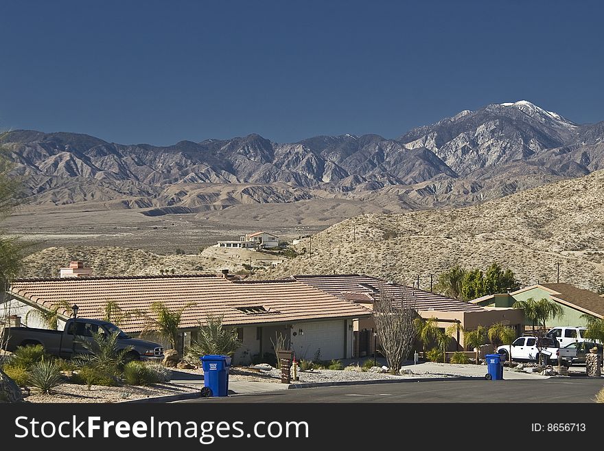 Homes and desert in the Desert Hot Springs area of California. Homes and desert in the Desert Hot Springs area of California