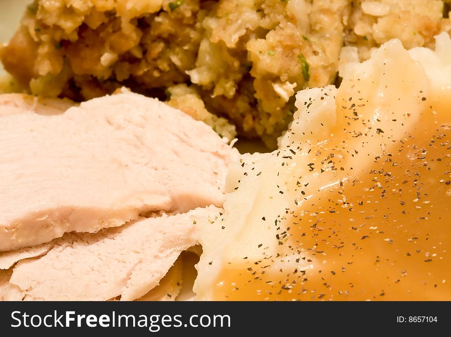 Turkey mashed potatoes stuffing and gravy