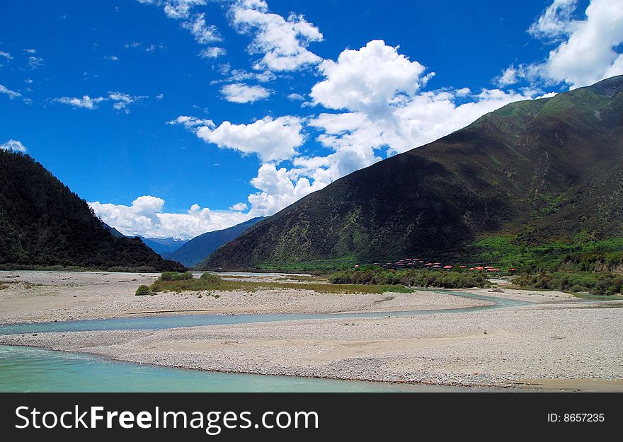 Tibet plateau, river valley, blue sky. Tibet plateau, river valley, blue sky