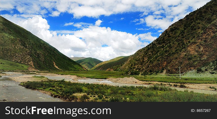 Tibet plateau, river valley, blue sky. Tibet plateau, river valley, blue sky