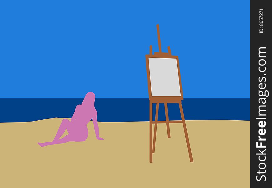 Illustration,a easel at the sand.
