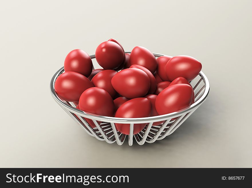 A metal plate with Easter red eggs. Computer generated three dimensional concept. A metal plate with Easter red eggs. Computer generated three dimensional concept