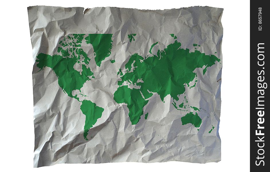 World map on aged crumple paper. World map on aged crumple paper