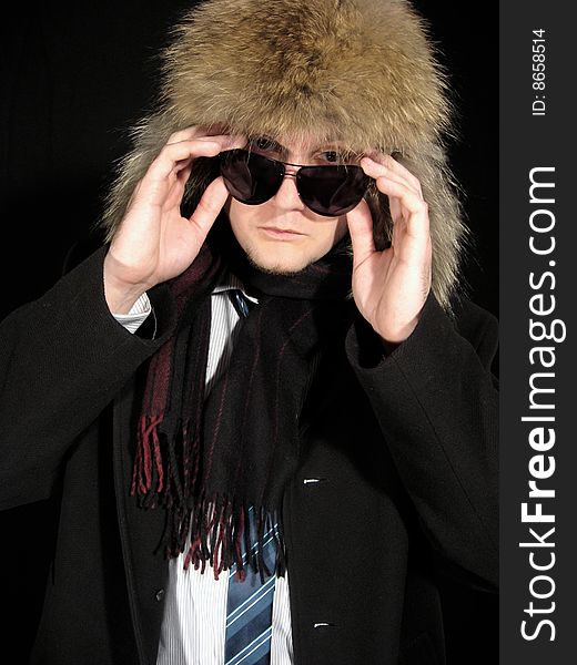 Fashionable young men In Suit, hats, coats, glasses In Suit. Fashionable young men In Suit, hats, coats, glasses In Suit