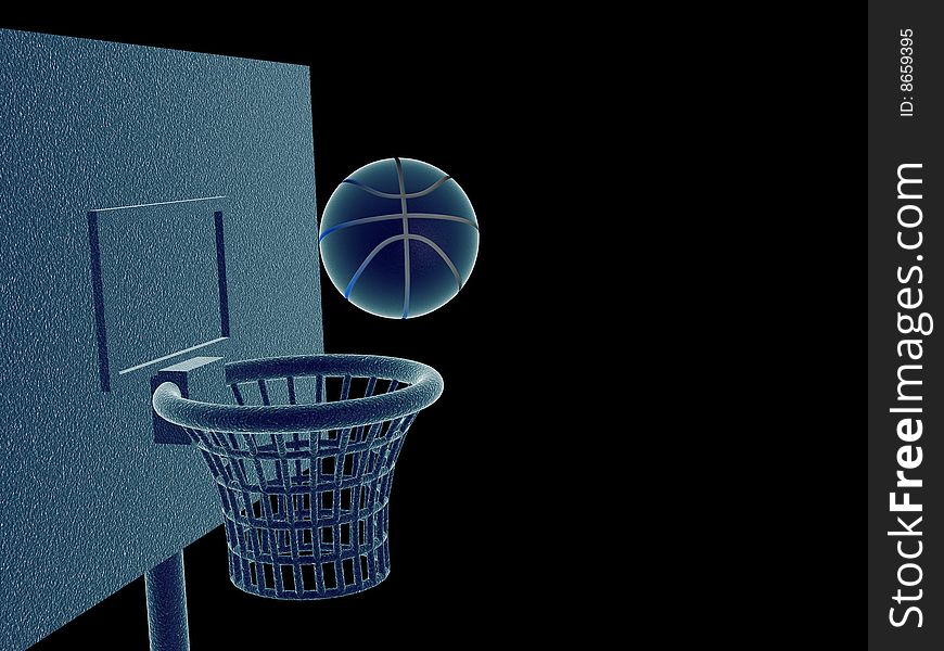 Basketball ball in basket. Isolated on black background