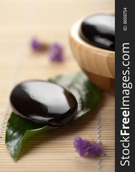 Zen Stones In Wooden Bowl. Spa Background