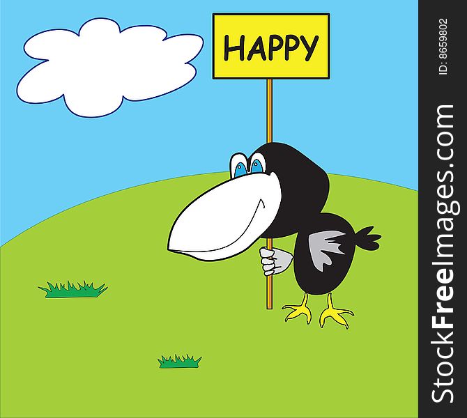 Happy cartoon raven stands on a green lawn with a congratulatory poster. Happy cartoon raven stands on a green lawn with a congratulatory poster