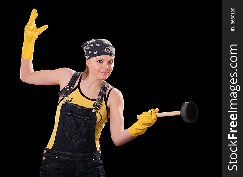 Young woman in yellow gloves with air-cork. Young woman in yellow gloves with air-cork