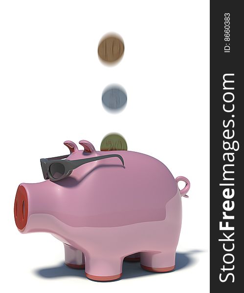 An illustration of a piggy bank with floating coins isolated on white