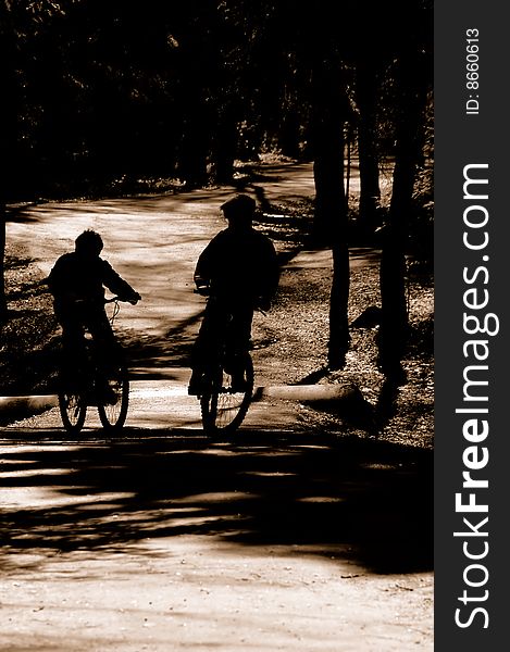 Siluet of two boys on a bicycle ride in the shade. Siluet of two boys on a bicycle ride in the shade