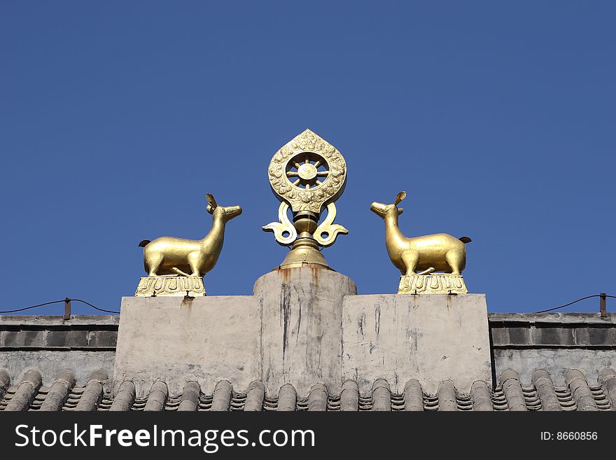 Dharma and double deer on top of temple roof