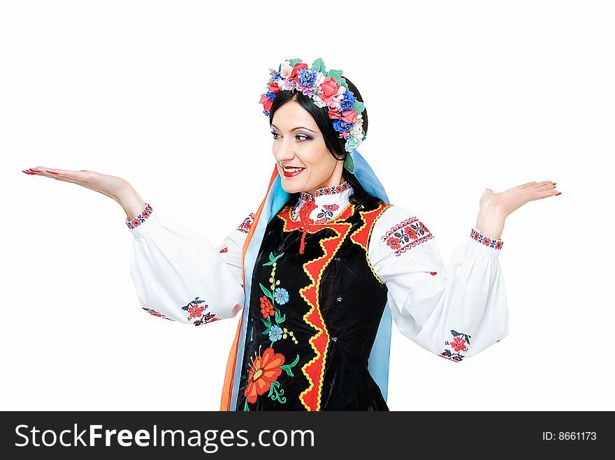 Young beauty ukrainian woman holds palms up. Young beauty ukrainian woman holds palms up