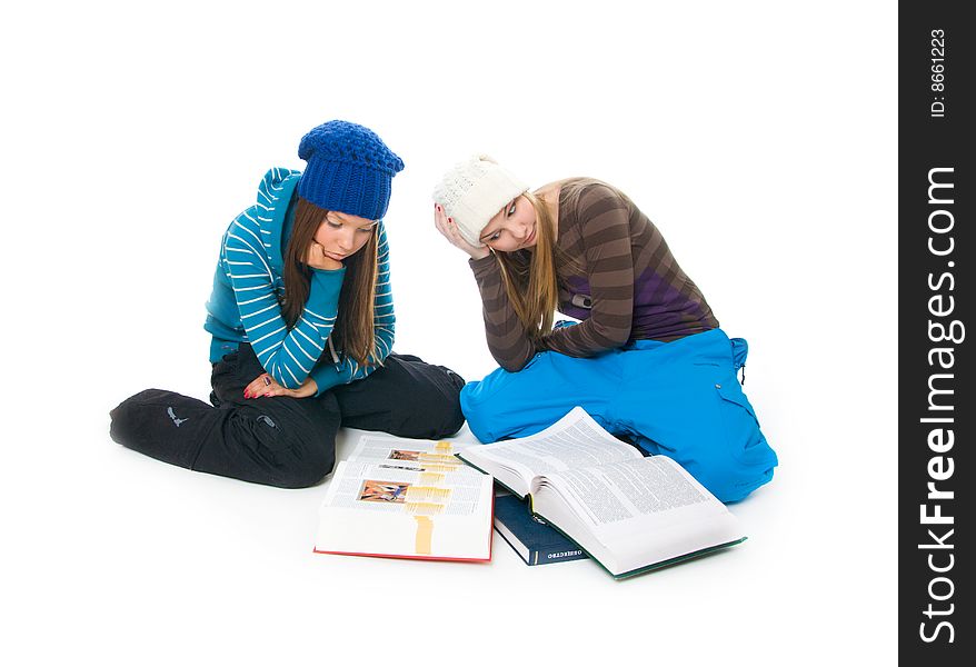 The two young students isolated on a white background