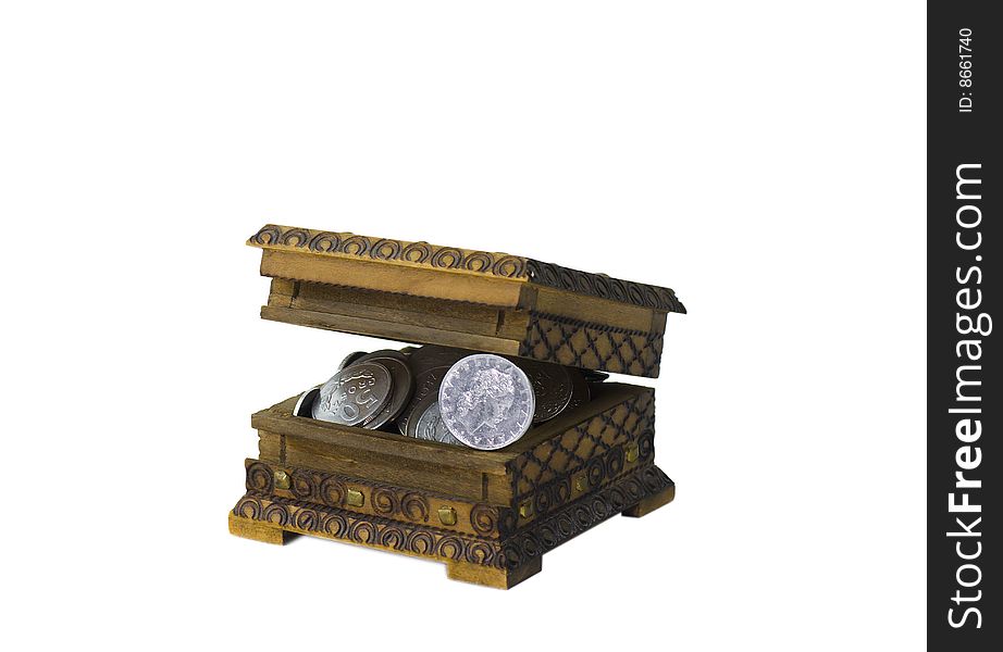 Ajar wooden vintage moneybox filled with silver shine and dull coins. Ajar wooden vintage moneybox filled with silver shine and dull coins