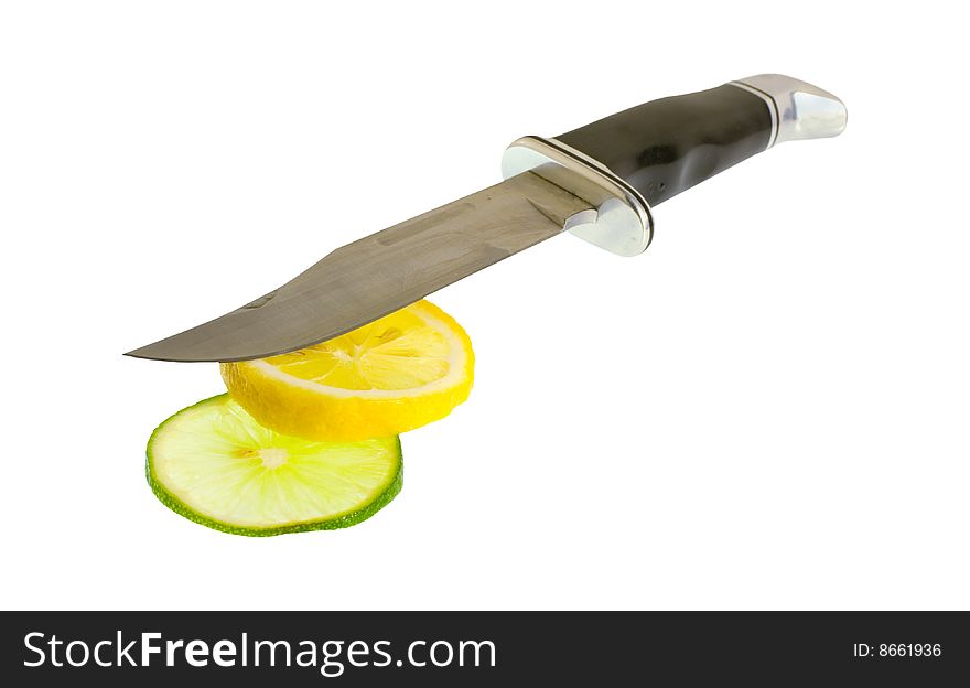 Sharp knife and slices of citrus isolated on white. Sharp knife and slices of citrus isolated on white