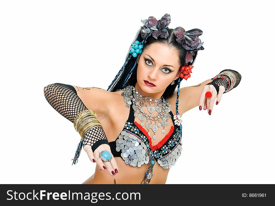 Charming beauty tribal dancer on white background