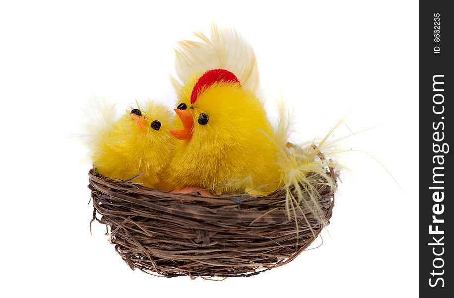 Yellow chicks in a basket isolated on a white background. Yellow chicks in a basket isolated on a white background