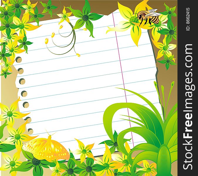 Sheet of paper for notes against a vegetative ornament of the butterfly and a bee. Sheet of paper for notes against a vegetative ornament of the butterfly and a bee