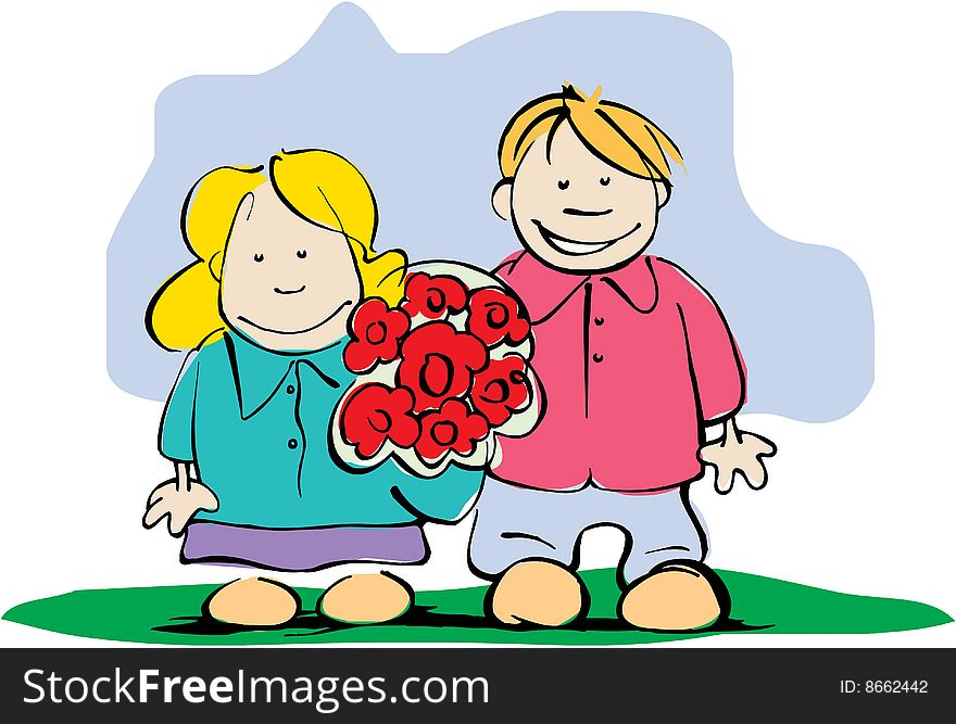 Children boy and girl with flowers