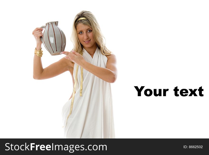 Keeps a jug. Ancient Greek concept. Close-up portrait of attractive girl, isolated on white background