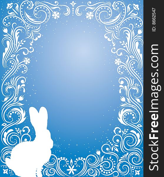 Pattern in a shape of an egg on the blue background with sparkles silhouettes of a rabbit. Pattern in a shape of an egg on the blue background with sparkles silhouettes of a rabbit.