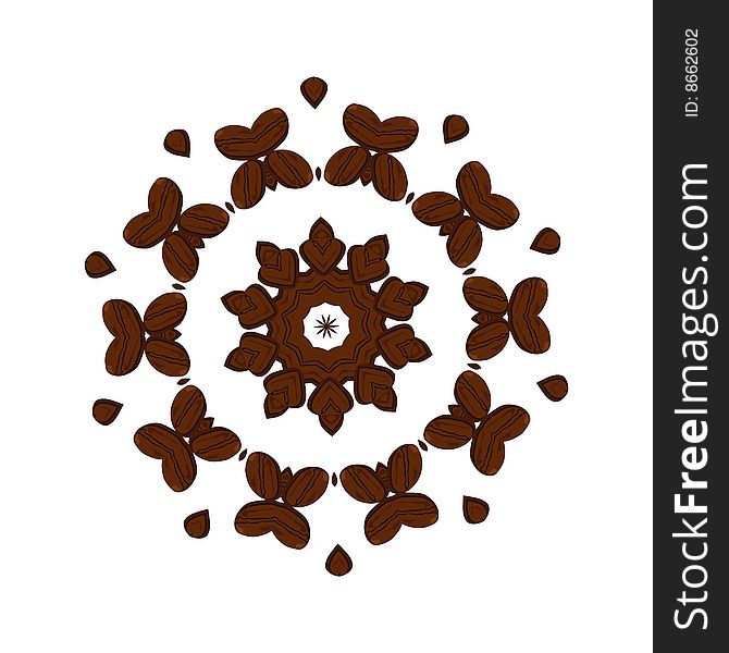 Coffee beans kaleidoscope on white background