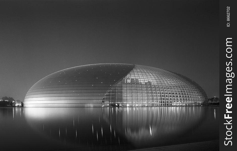 One of the most talked about buildings in Beijing, called the 'Alien Egg'.  Taken with 4x5 view camera, black and white film. One of the most talked about buildings in Beijing, called the 'Alien Egg'.  Taken with 4x5 view camera, black and white film.