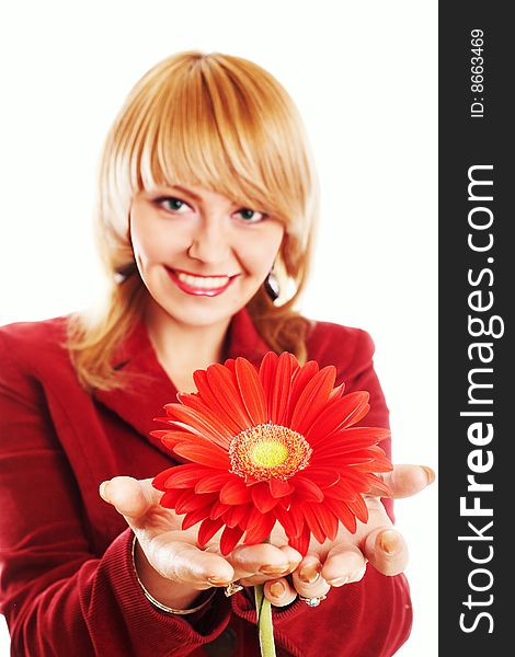 Stock photo: an image of a woman with a red flower. Stock photo: an image of a woman with a red flower