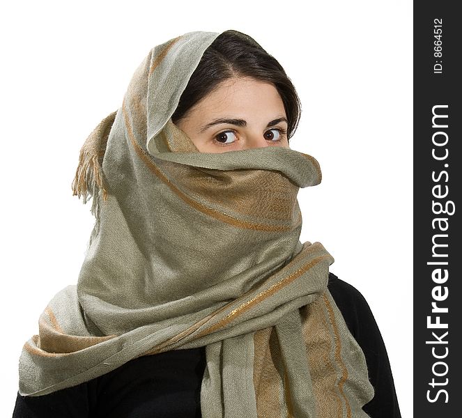 Caucasian young girl wearing scarf like moslem