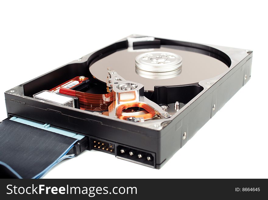 The computer hard disk is isolated on a white background. The computer hard disk is isolated on a white background