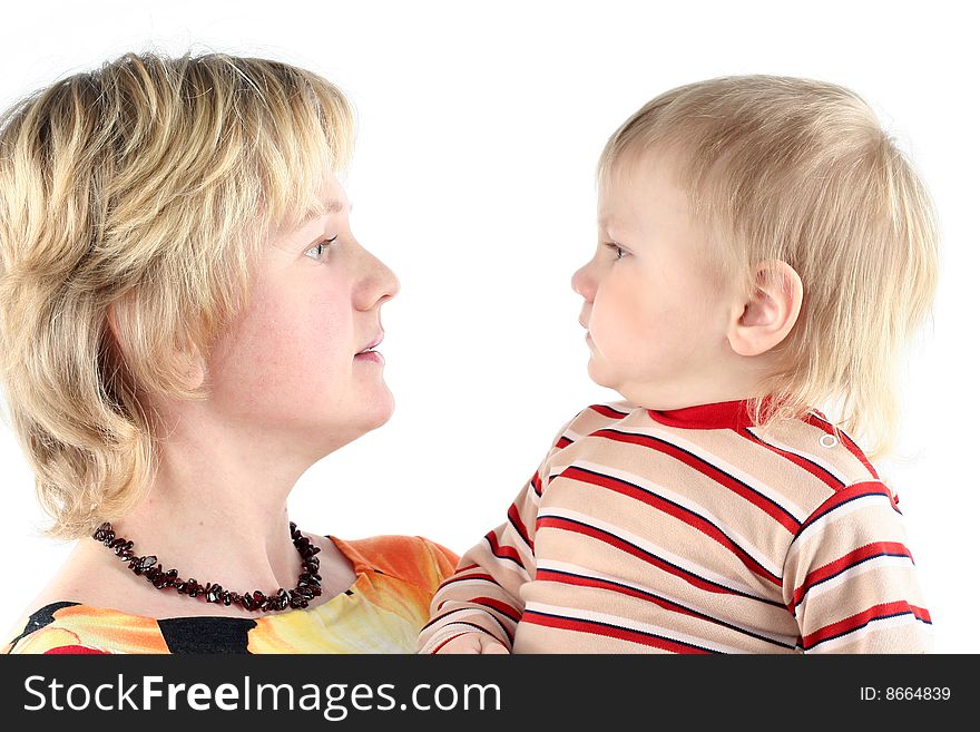 Mother and her little son isolated on white background