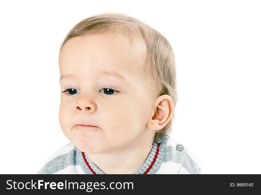 Little baby boy in strip pullover on white background. Little baby boy in strip pullover on white background