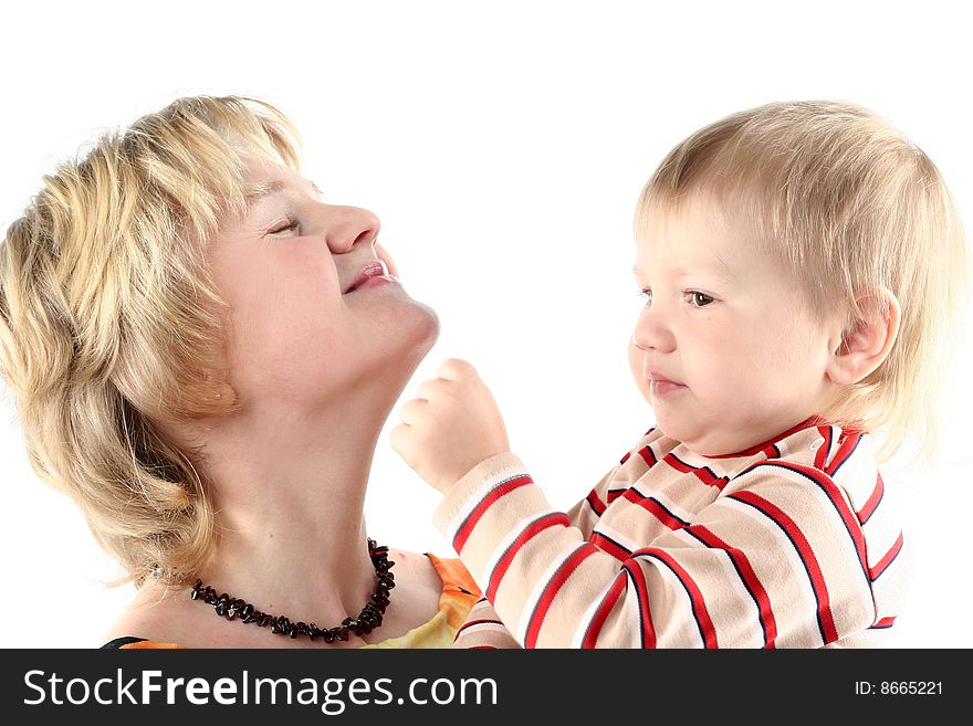 Mother and her little son isolated on white background