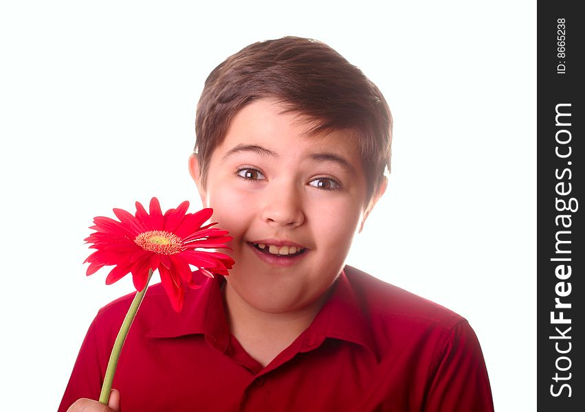 Teenager and red flower on white