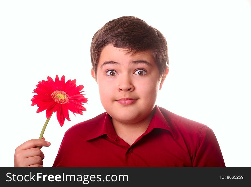 Teenager and red flower on white