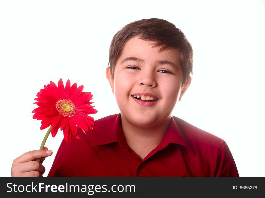 Teenager and red flower on white
