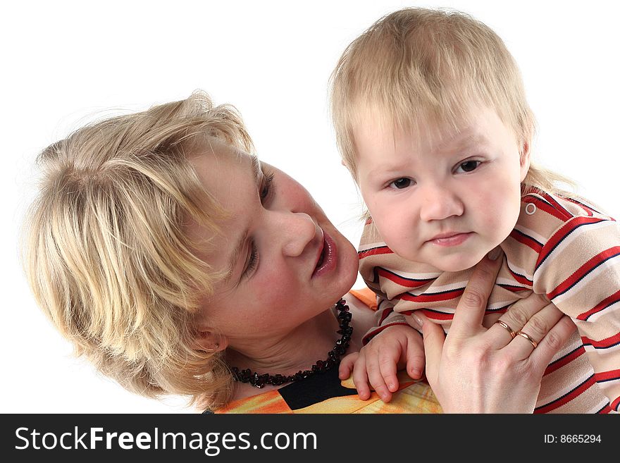 Mother and her little son isolated on white background