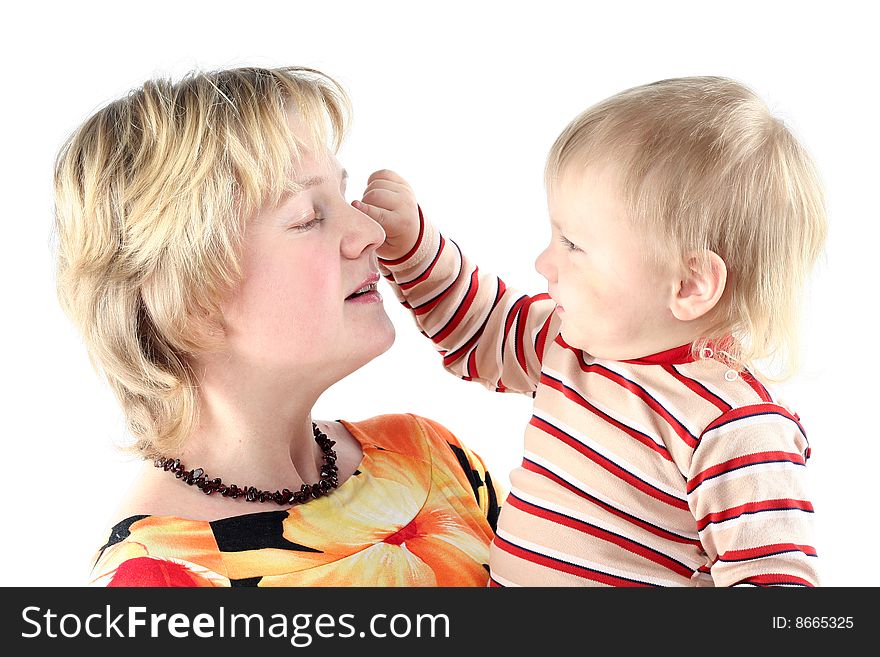 Mother and her little son isolated on white background