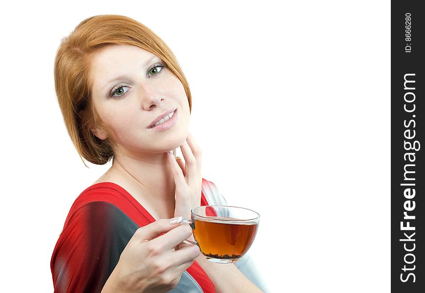 Girl with cup of tea isolated on white