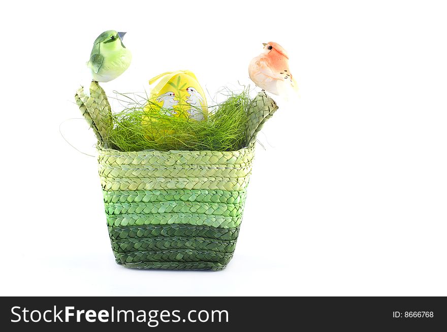 Easter basket with birds and egg isolated on white