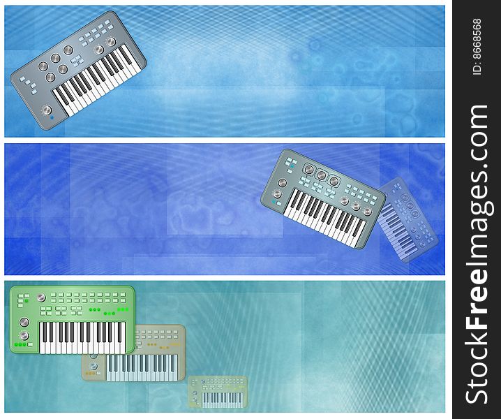 Grunge pastel azure and blue banners with retro vintage music keyboards. Grunge pastel azure and blue banners with retro vintage music keyboards