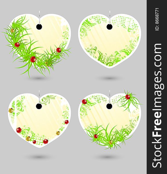 Set of vector heart-shaped spring labels with grass and ladybugs. Set of vector heart-shaped spring labels with grass and ladybugs