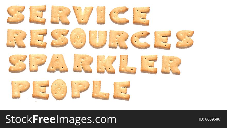 The words: service, resources, sparkler, people made of cookies on white. The words: service, resources, sparkler, people made of cookies on white