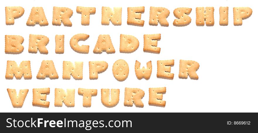 The words: partnership, brigade, manpower, venture made of cookies. The words: partnership, brigade, manpower, venture made of cookies