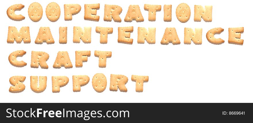 The words: cooperation, maintenance, craft, support made of cookies. The words: cooperation, maintenance, craft, support made of cookies