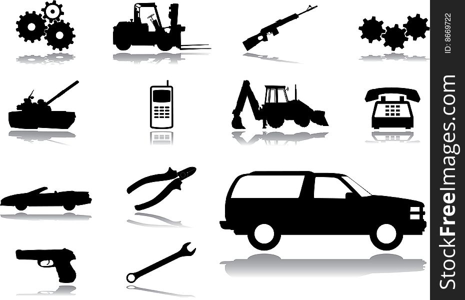 Set icons - 87. Machines and technologies. Cars, weapon, tools and other for your design