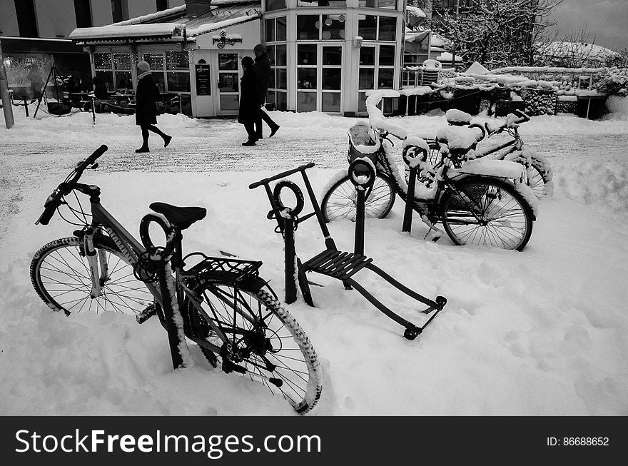 Kicksled & Bicycles In Snow. BodÃ¸, Norway