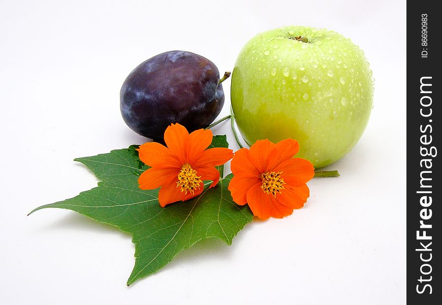 Plum, apple and orange flowers on a leaf. Plum, apple and orange flowers on a leaf