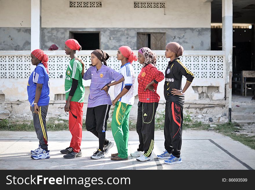 Girls line up during a basketball drill in Mogadishu, Somalia, on June 6. Banned under the extremist group, Al Shabaab, Basketball is once again making a resurgence in Mogadishu. Today at least a dozen teams in the city play in a league and both men and women are coming out to play the sport. AU UN IST PHOTO / TOBIN JONES. Girls line up during a basketball drill in Mogadishu, Somalia, on June 6. Banned under the extremist group, Al Shabaab, Basketball is once again making a resurgence in Mogadishu. Today at least a dozen teams in the city play in a league and both men and women are coming out to play the sport. AU UN IST PHOTO / TOBIN JONES