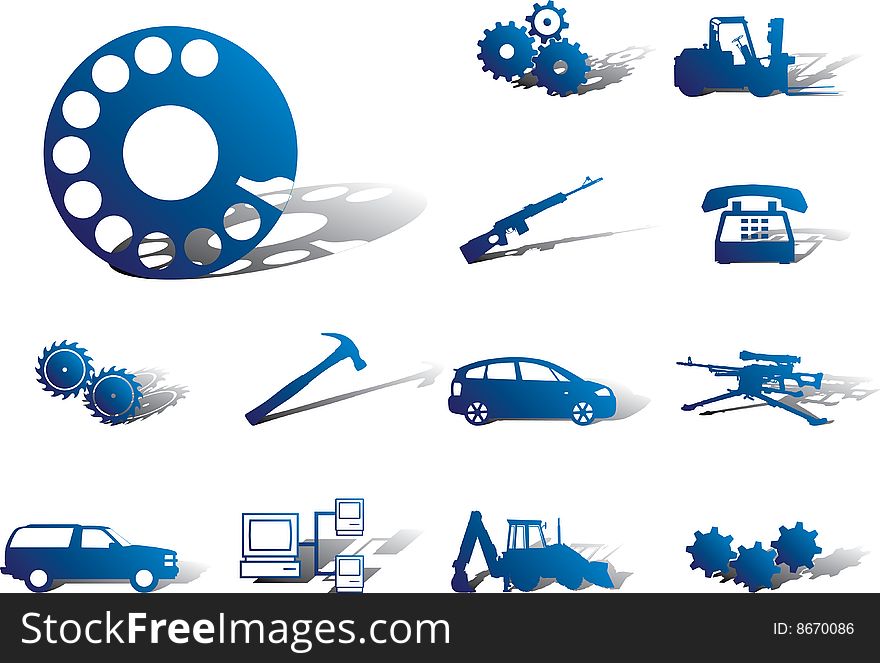 Set icons - 97A. Machines and technologies.  Cars, weapon, tools and other for your design